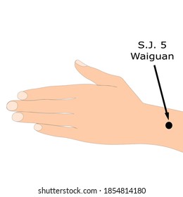 Acupuncture point Sanjiao 5 or S.J. 5 that is also known as Waiguan 
S.J. 5