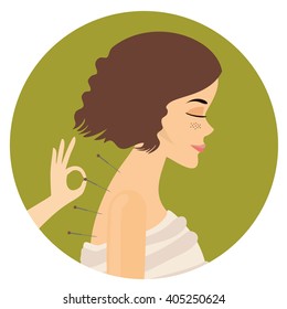 acupuncture session. young beautiful woman flat icon.  alternative medicine acupuncture. 