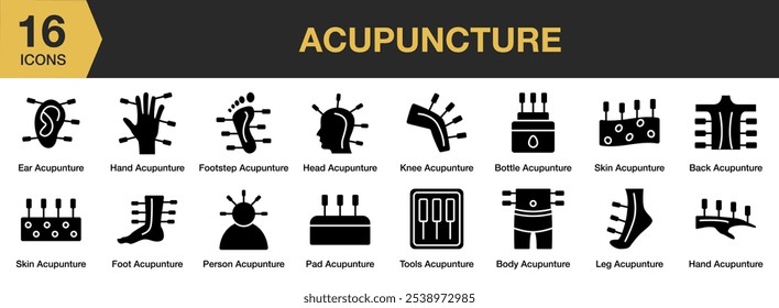 Conjunto de ícones sólidos de acupuntura. Inclui mão, cabeça, joelho, perna, pessoa, pele e muito mais. Coleção vetorial de ícones sólidos.