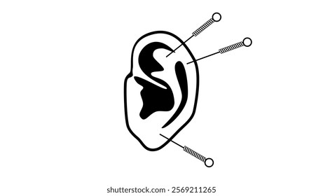 Acupuncture symbol, needles in ear, black isolated silhouette