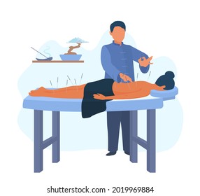 Acupuncture Therapy. Acupuncturist Holding A Needle. A Patient Lying On The Table. Traditional Asian Medicine, Treatment. A Vector Cartoon Illustration.