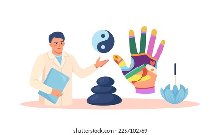 Acupuncture therapy, chinese alternative medicine for disease prevention. Hand reflexology chart with description of corresponding internal organs. Stress relief. Acupuncturist analyzes reflex zones