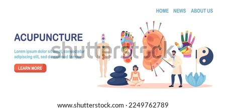 Acupuncture therapy, chinese traditional alternative medicine for disease prevention. Reflex zones of ear, feet, palm hand. Stress relief, healing process. Acupuncturist holding needle for injection