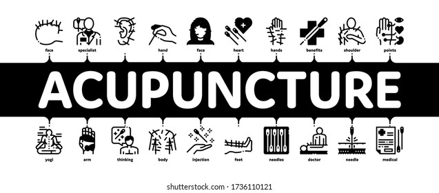Acupuncture Therapy Minimal Infographic Web Banner Vector. Human Head And Hand, Ear, Face And Body Acupuncture, Doctor And Patient, Needles Tool Illustrations