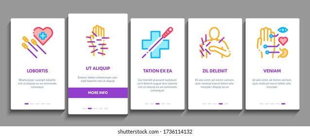 Acupuncture Therapy Onboarding Mobile App Page Screen Vector. Human Head And Hand, Ear, Face And Body Acupuncture, Doctor And Patient, Needles Tool Color Illustrations