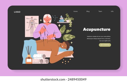 Acupuncture therapy session concept. A practitioner applies needles to a relaxed man's back for holistic health. Traditional Chinese medicine practice. Vector illustration.