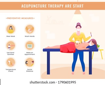 Acupuncture Therapy Are Start Poster Design With Preventive Measures Details And Woman Receiving Cupping Treatment on Back During Coronavirus Pandemic.