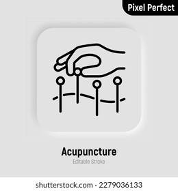 Acupuncture thin line icon. Hand with needle, alternative medicine. Pain relief, arthritis treatment. Pixel perfect, editable stroke. Vector illustration.