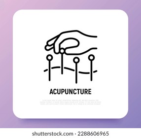 Acupuncture thin line icon. Hand with needle, alternative medicine. Pain relief, arthritis treatment. Vector illustration.