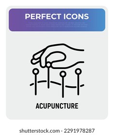 Acupuncture thin line icon. Hand with needle, alternative medicine. Pain relief, arthritis treatment. Vector illustration.