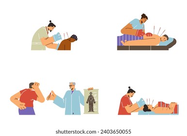 Acupuncture treatment, therapy vector isolated illustrations set. Acupuncturist inserts needles in the patient's face or back. Traditional oriental medicine, stress relief, holistic healing procedure