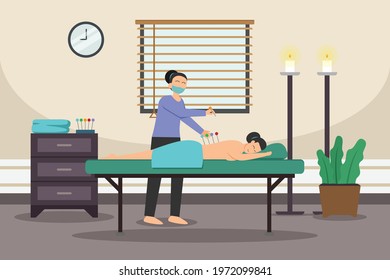 Acupuncture vector concept. Woman getting acupuncture treatment in the clinic