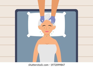 Acupuncture vector concept. Woman getting acupuncture treatment on her face in the clinic