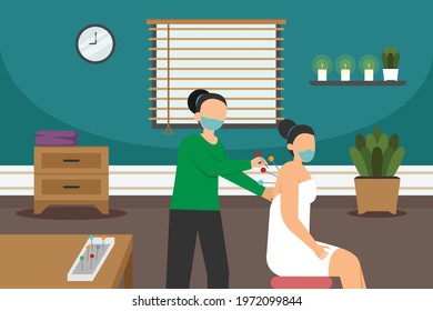 Acupuncture vector concept. Woman having acupuncture treatment on her back while sitting in the clinic