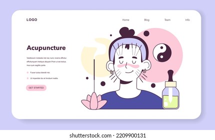 Acupuncture web banner or landing page. Needle therapy, asian alternative medicine. Chinese medical practice for disease treatment and prevention. Flat vector illustration