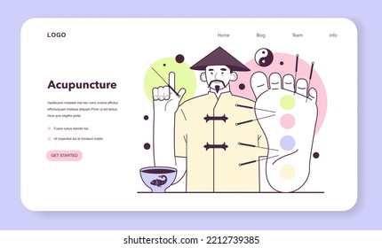 Acupuncture web banner or landing page. Needle therapy, asian alternative medicine. Chinese medical practice for disease treatment and prevention. Flat vector illustration