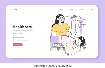 Acupuncture web banner or landing page. Needle therapy, asian alternative medicine. Chinese medical practice for disease treatment and prevention. Flat vector illustration