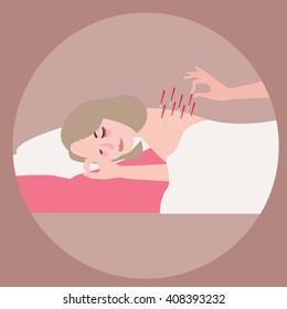 acupuncture woman therapy alternative treatment needle at her back vector illustration flat