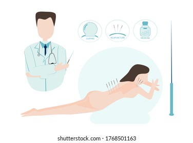 Acupuncturist inserting needle. Physiotherapist undergoing the procedure on woman back. Acupuncture body therapy. Chinese medical Chronic disease Office syndrome Alternative concept. Vector