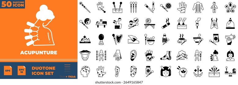 Acupunture Duotone Ícones editáveis definidos. Ilustração vetorial em estilo duotônico fino moderno de ícones de acupuntura: terapia, chinês, alternativo, etc