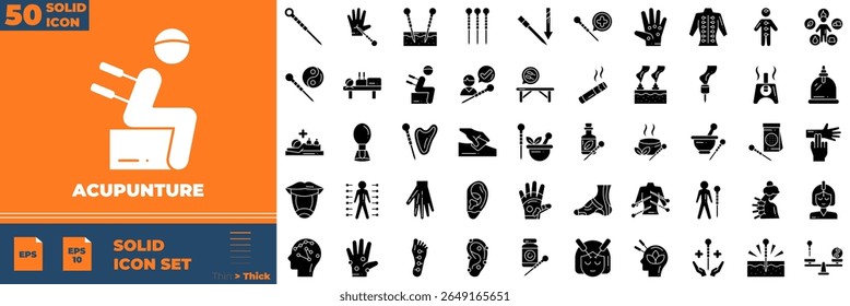 Acupunture Solid Editable Icons definido. Ilustração vetorial em estilo sólido fino moderno de ícones de acupuntura: terapia, chinês, alternativo, etc