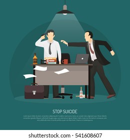 Acute depression symptoms treatment and suicide awareness and prevention flat medical educative poster dark background vector illustration 