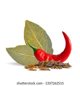 Acute and hot chilli pepper, bay leaves and tasty spices. Symbols of spice. Elements for design. Spices ingredients in triangulation technique. Chilli pepper and spices low poly.