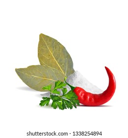 Acute and hot chilli pepper, bay leaves, fresh green parsley and tasty spices. Symbols of spice. Elements for design. Spices ingredients in triangulation technique. Chilli pepper and spices low poly.