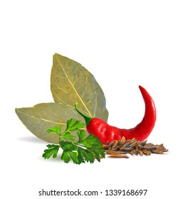 Acute and hot chilli pepper, bay leaves and tasty spices. Symbols of spice. Elements for design. Spices ingredients in triangulation technique. Chilli pepper and spices low poly.