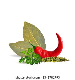 Acute and hot chilli pepper, bay leaves and tasty spices. Symbols of spice. Elements for design. Spices ingredients in triangulation technique. Chilli pepper and spices low poly.