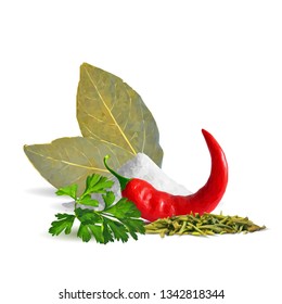 Acute and hot chilli pepper, bay leaves and tasty spices. Symbols of spice. Elements for design. Spices ingredients in triangulation technique. Chilli pepper and spices low poly.