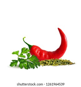 Acute and hot chilli pepper, fresh green parsley and tasty spices. Symbols of spice. Elements for design. Spices ingredients in triangulation technique. Chilli pepper and spices low poly.