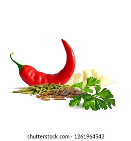 Acute and hot chilli pepper, fresh green parsley and tasty spices. Symbols of spice. Elements for design. Spices ingredients in triangulation technique. Chilli pepper and spices low poly.