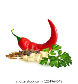 Acute and hot chilli pepper, fresh green parsley and tasty spices. Symbols of spice. Elements for design. Spices ingredients in triangulation technique. Chilli pepper and spices low poly.