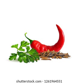 Acute and hot chilli pepper, fresh green parsley and tasty spices. Symbols of spice. Elements for design. Spices ingredients in triangulation technique. Chilli pepper and spices low poly.