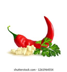 Acute and hot chilli pepper, fresh green parsley and tasty spices. Symbols of spice. Elements for design. Spices ingredients in triangulation technique. Chilli pepper and spices low poly.