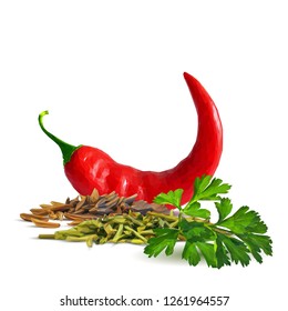 Acute and hot chilli pepper, fresh green parsley and tasty spices. Symbols of spice. Elements for design. Spices ingredients in triangulation technique. Chilli pepper and spices low poly.