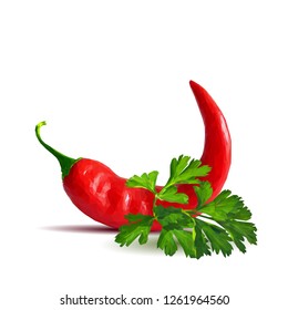 Acute and hot chilli pepper, fresh green parsley. Symbols of spice. Elements for design. Spices ingredients in triangulation technique. Chilli pepper and parsley low poly.