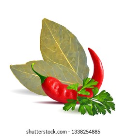 Acute and hot chilli pepper, fresh green parsley and bay leaves. Symbols of spice. Elements for design. Spices ingredients in triangulation technique. Chilli pepper and spices low poly.