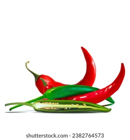 Acute and hot, nutritious and tasty chili pepper. Green hot chili peppers. Vector illustration. Spice ingredients in Mesh Tool technique. Red hot chili peppers.