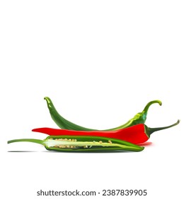 Acute and hot, nutritious and tasty chili pepper. Green hot chili peppers. Vector illustration. Spice ingredients in Mesh Tool technique. Red hot chili peppers.