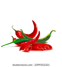Acute and hot, nutritious and tasty chili pepper. Green hot chili peppers. Vector illustration. Spice ingredients in Mesh Tool technique. Red hot chili peppers.