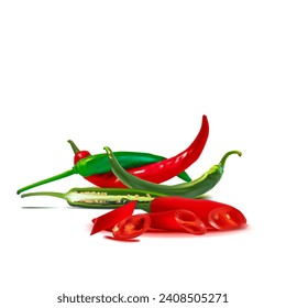 Acute and hot, nutritious and tasty chili pepper. Green hot chili peppers. Vector illustration. Spice ingredients in Mesh Tool technique. Red hot chili peppers.