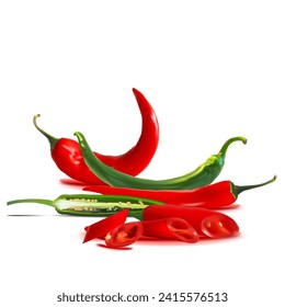 Acute and hot, nutritious and tasty chili pepper. Green hot chili peppers. Vector illustration. Spice ingredients in Mesh Tool technique. Red hot chili peppers.