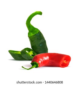 Acute and hot, nutritious and tasty chilli pepper. Symbols of fruits. Elements for label design. Vector illustration. Spices ingredients in triangulation technique. Chilli pepper low poly.