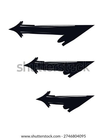 Acute left arrows in descending size bold thick stroke graphic element set. Redirection return. Visual emphasis. Expressive grunge marker highlight pointers. Ink rough direction. Vector illustration