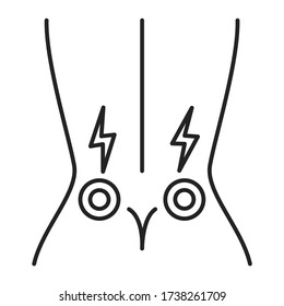 Acute lower back pain black line icon. Sprain, injury, arthritis. Isolated vector element. Outline pictogram for web page, mobile app, promo.