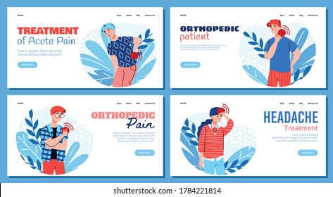 Acute orthopedic pain and headache treatment - medical banner set with sick cartoon people showing symptoms of health problem. Website template vector illustration.