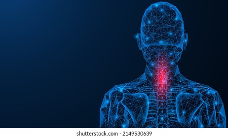 Osteocondrosis aguda. Dolor en la columna cervical. Diseño poligonal de líneas y puntos interconectados. Fondo azul.