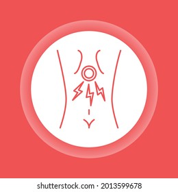 Icono del botón de color de la espalda de dolor agudo. Esguince, lesión, artritis. Elemento vector aislado. Pictograma de esquema para página web, aplicación móvil, promoción